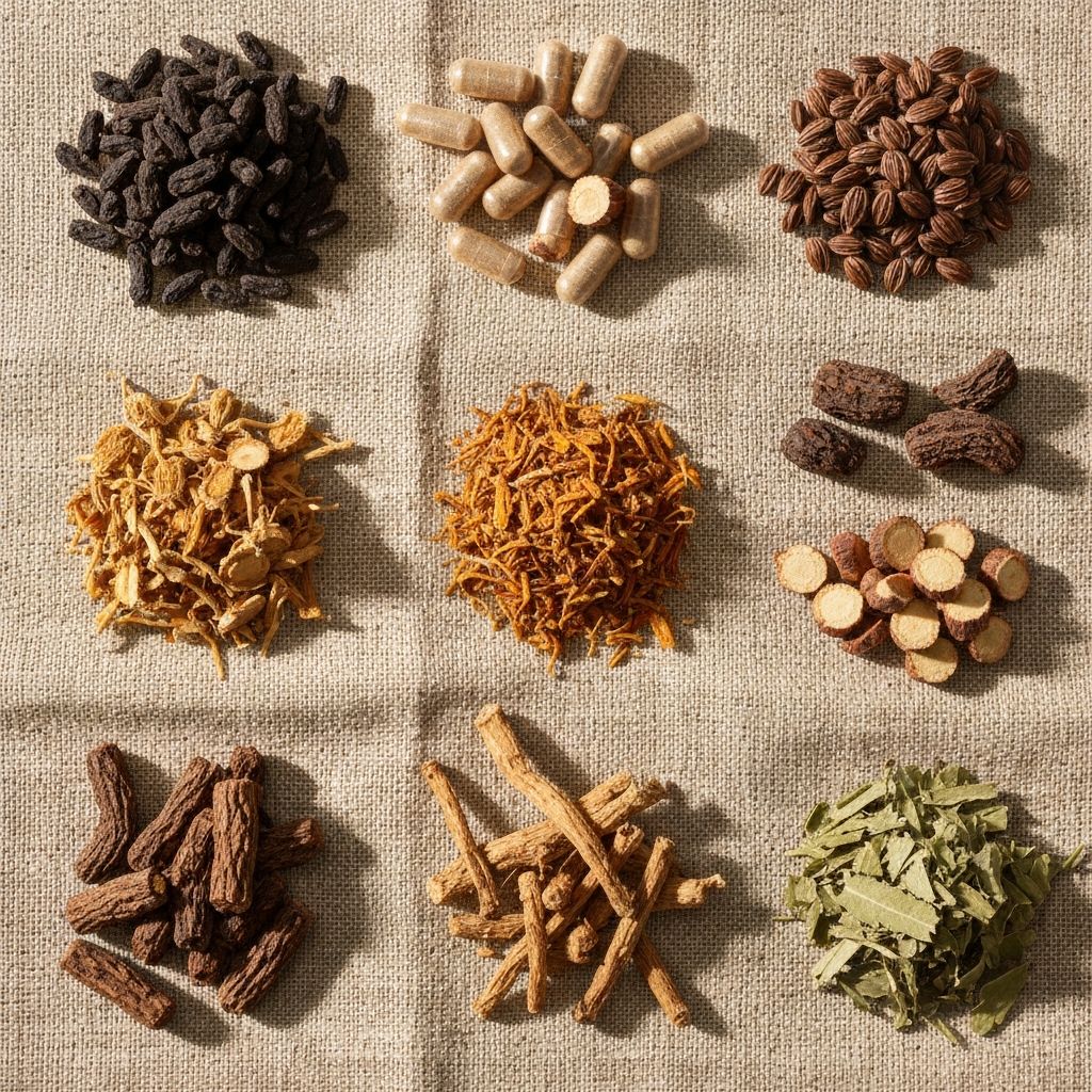 Assortment of dried plant ingredients including roots seeds and leaves