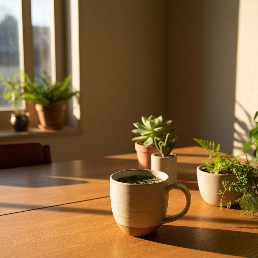 Morning sunlight through window with natural elements on table