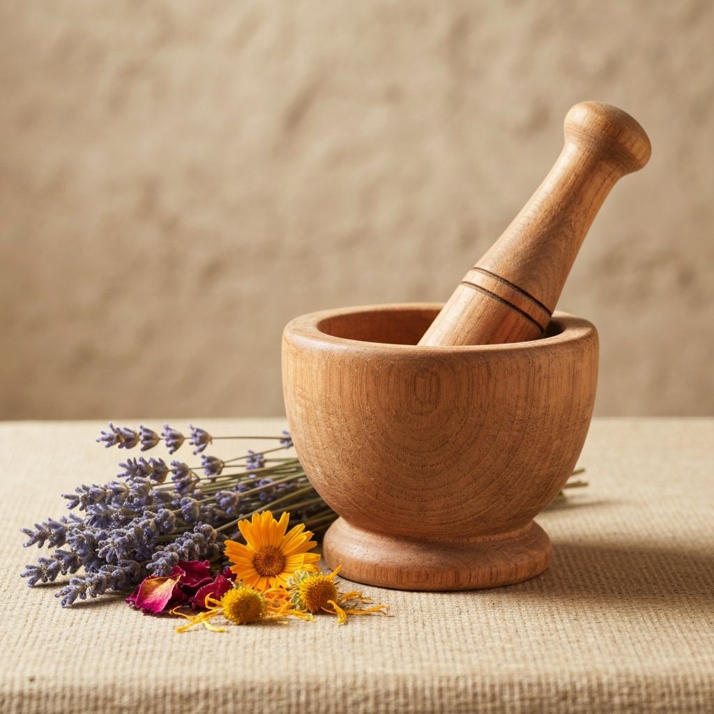 Traditional wooden mortar and pestle with dried botanical ingredients